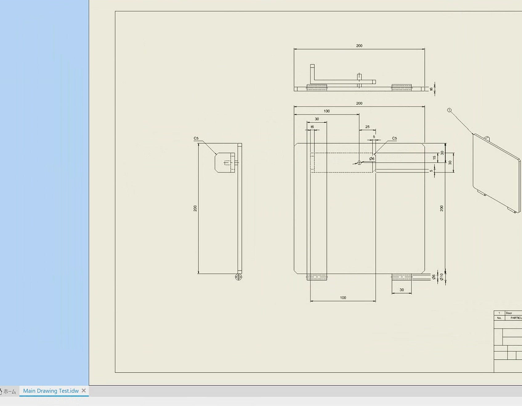 A part drawing created by 1 Sheet in Inventor: views, dimensions, hole and chamfer notes